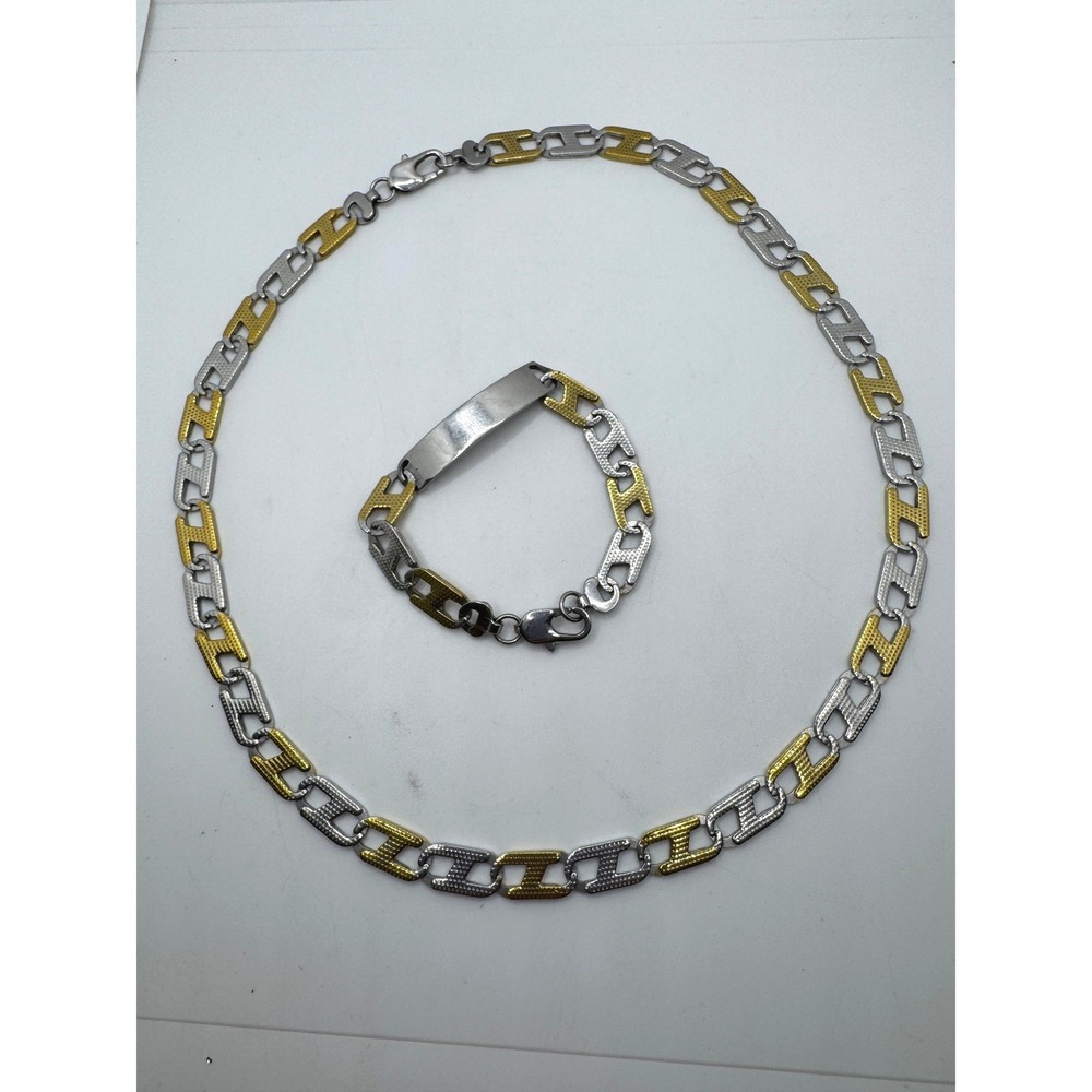 Two Tone H Link Chain Necklace and ID Bracelet Jewelry Set Silver Gold Tone